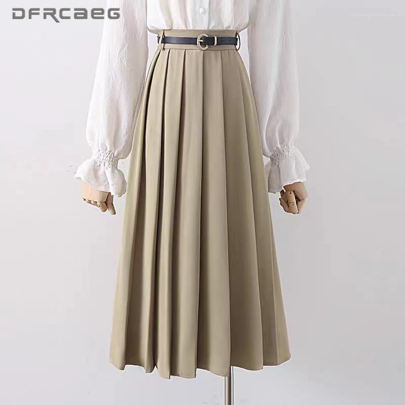 

Skirts Elegant Casual Loose Women' Pleated Skirt With Belt 2023 Korean Office Style Big Swing Female Long Saias Khaki, Black