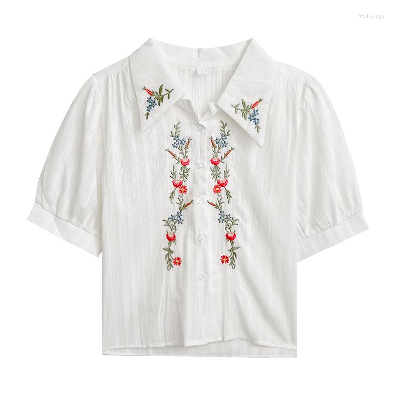 

Women's Blouses Vintage Art Small Fresh Flower Embroidery Summer Loose Short Sleeve Shirt, White