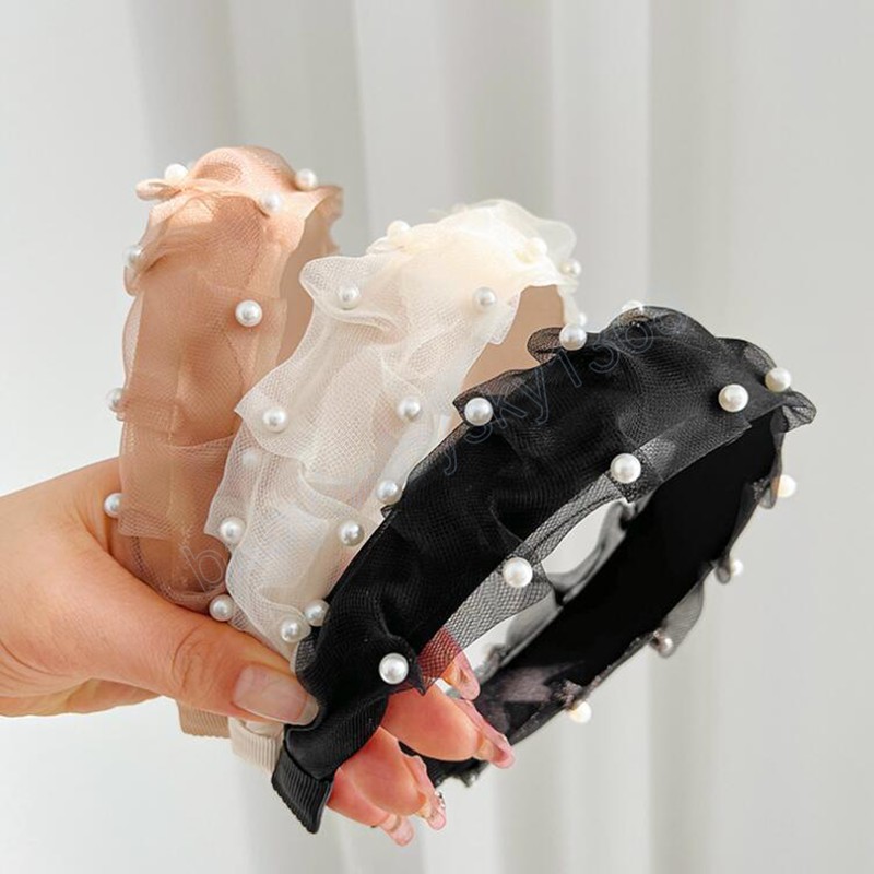 

Fashion Women's Hair Accessories Pleated Lace Pearls Hairband Solid Color Light Headband Spring Headwear Adult, Mixed color