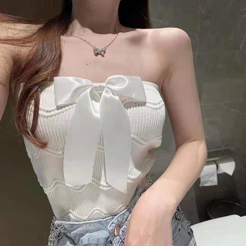 

Women's Tanks & Camis Knitted Corset Tops Strapless Summer Clothing Panel Shape Bare Shoulder Party Sexy Crop Women Bow-knot Tube, Black