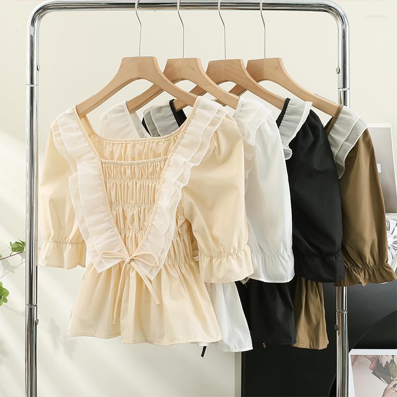 

Women's Blouses Gagaok Sweet Women 2023 Summer Patchwork Ruffles Bow Square Collar Puff Sleeve Shirts Slim French Chic Wild Blouse, Black