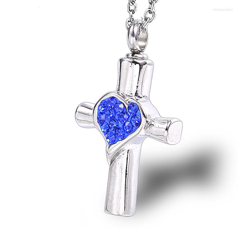 

Pendant Necklaces Birth Stone Blue Cross Crystal Cremation Ashes Urn Necklace Jewelry In Stainless Steel