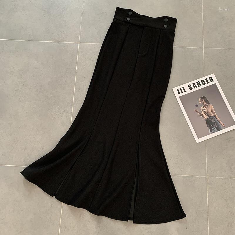 

Skirts Summer Fishtail Half-body Dress Women Black High Waist Splicing Slim Long Casual Fashion Elegant Button Slit Skirt