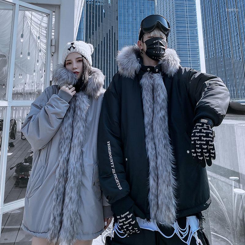 

Men's Down 2023 Winter Big Fur Collar Coat Men Women Couple Thicken Warm Fashion Hip Hop Design Cap With Jacket Windbreaker Modis, Gray