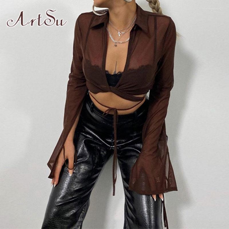 

Women' T Shirts Brown Mesh Shirt Y2K Clothes Gothic Autumn Long Sleeve Top Women Streetwear V Neck See Through Sexy Cropped T-shirt, Auburn