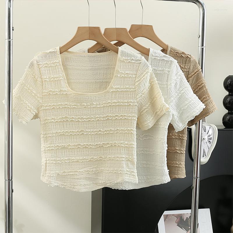 

Women's Blouses Sweet Almighty Casual Blosues Women Summer Short Sleeve O-neck Square Collar Solid Colours Femme Shirts Tops Skinny Crop, Khaki