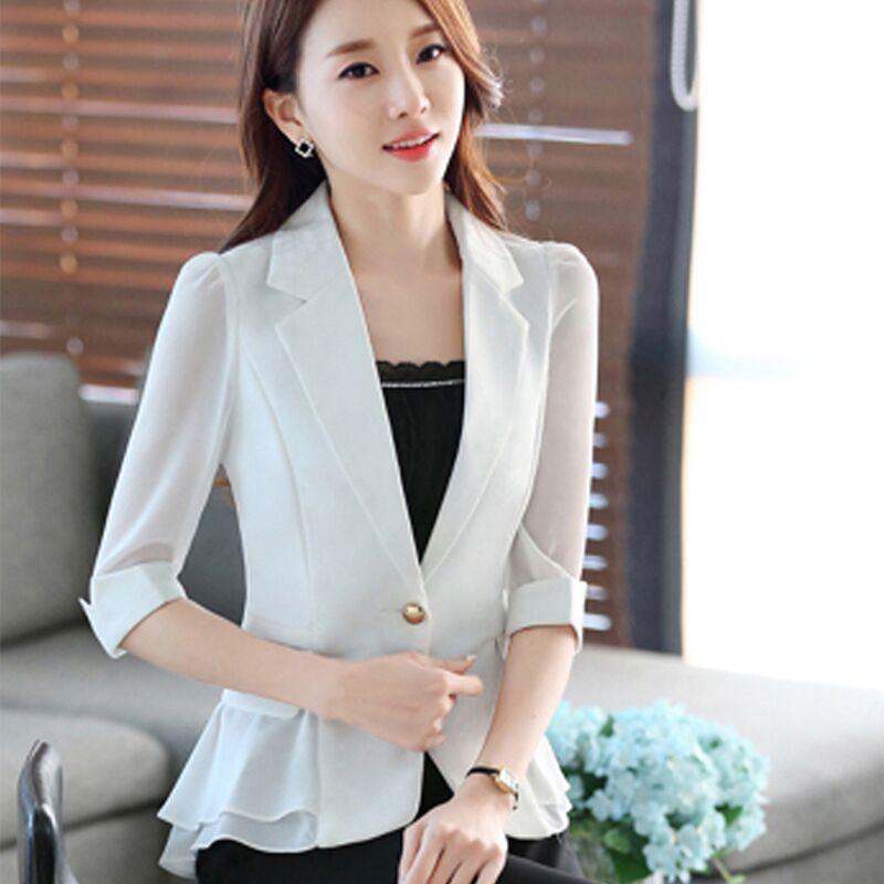 

Pants 2022 Summer Women Suit Thin Blazer Jacket Short Slim White Black ThreeQuarter Sleeves Ruffled Chiffon