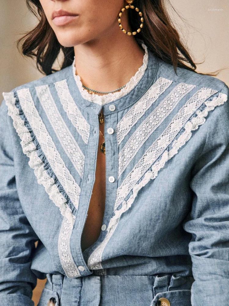 

Women' Blouses Women Long Sleeve Lace Patchwork Blouse 2023 Summer Single Breasted Fashion Ladies O-Neck Simple Blue Shirt Top All-Match
