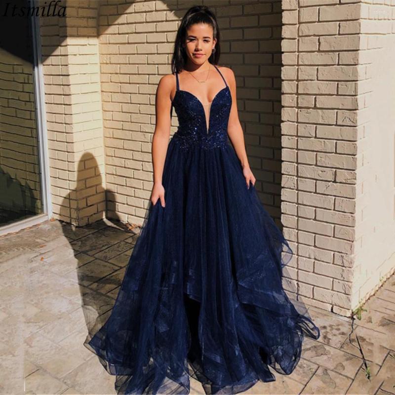 

Party Dresses Itsmilla A-line Tulle Prom Dress Sheer Deep V-neck Formal Occasion Long Criss Cross Backless Evening Gown With Beading, Same as picture