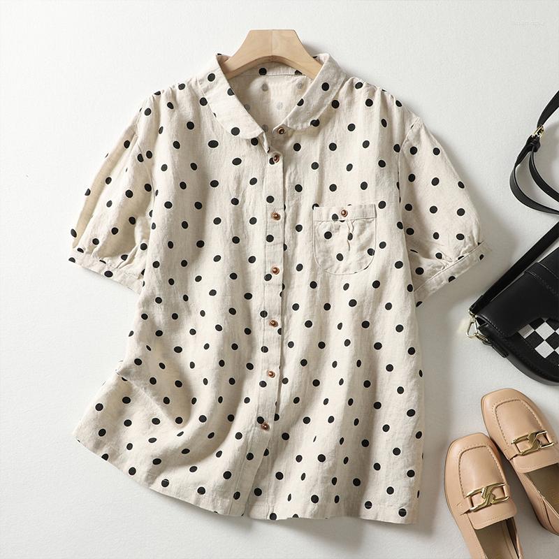 

Women's Blouses Cotton Linen Polka Dot Shirt Women's Summer Tops Casual Loose Blouse 2023, Beige