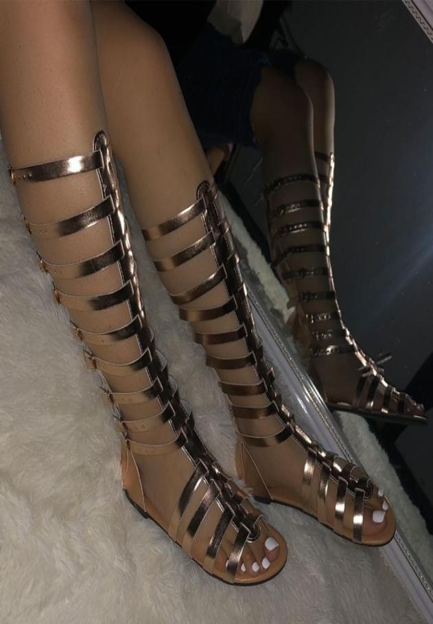

New Women Gladiator Flat Zip Sandals Summer Female Bucket Pu Leather Cross Tied Woman Hollow Out Cover Heels Ladies Knee Shoes Y202009650, Gold