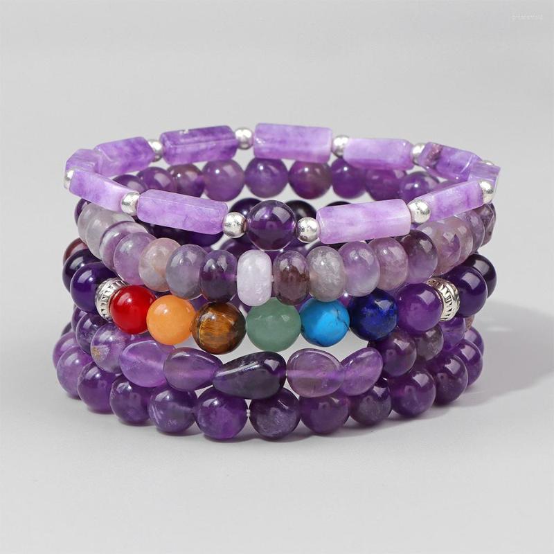

Strand Natural Amethysts Quartz Stone Beads Bracelet Purple Energy Healing Bracelets Men Women Health Therapy Stretch Jewelry
