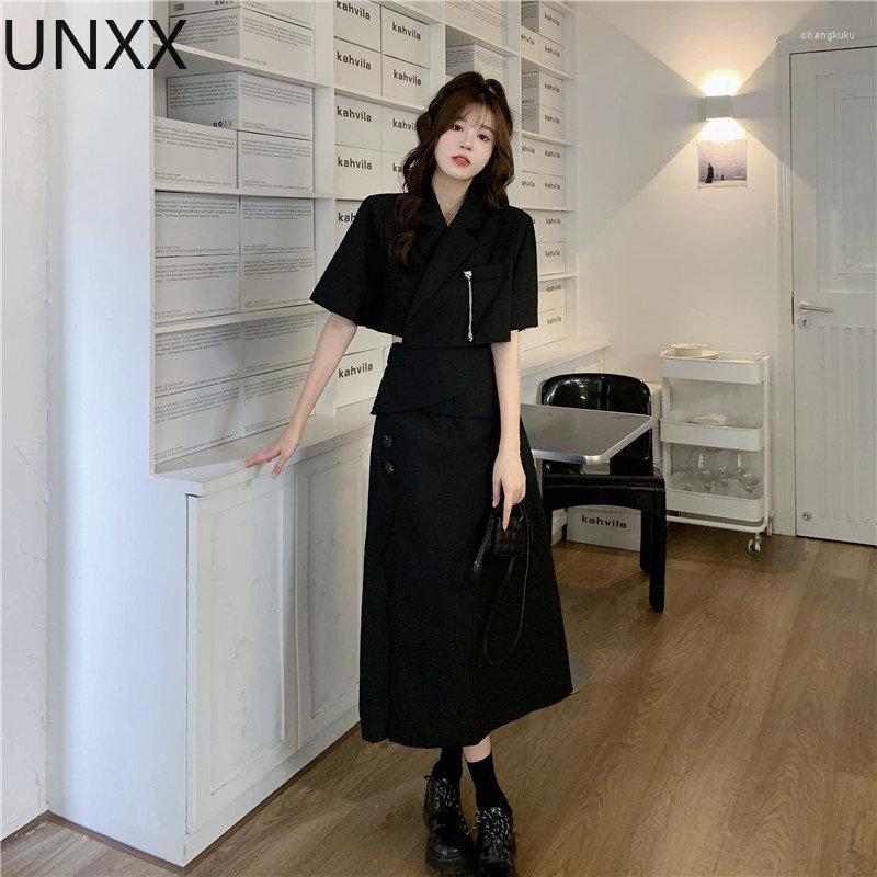 

Two Piece Dress Fashion 2 Pieces Outfits Black Set Office Women Formal Kit Temperament Lady Sexy Short Crop Tops Coat Slit Midi Skirt Slim