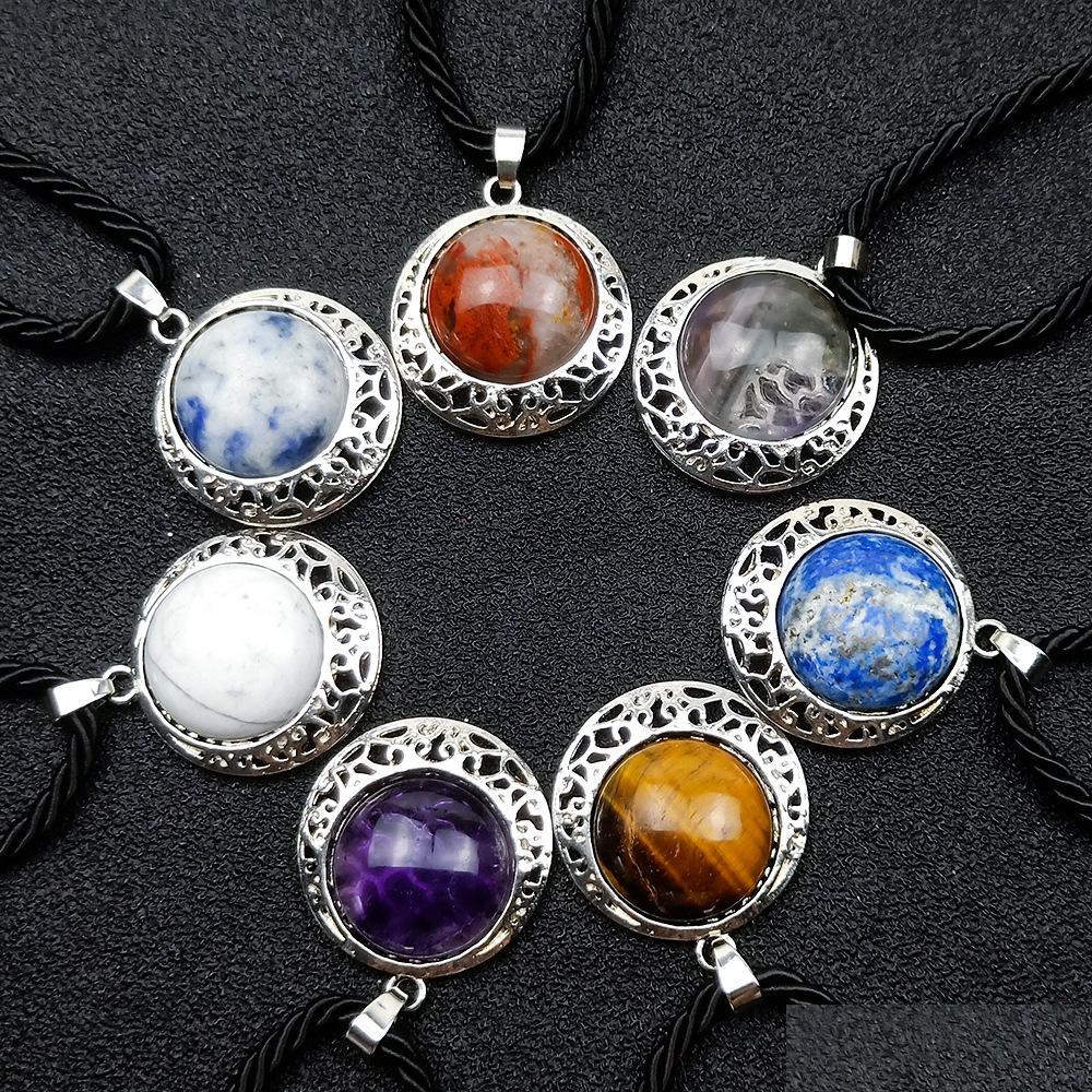 

Pendant Necklaces Hollow Metal Reiki Healing Crystal Energy Amethyst Tiger Eye Quartz Stone Rope Chain Sweater Fashion Women Men Jew Dhaxp