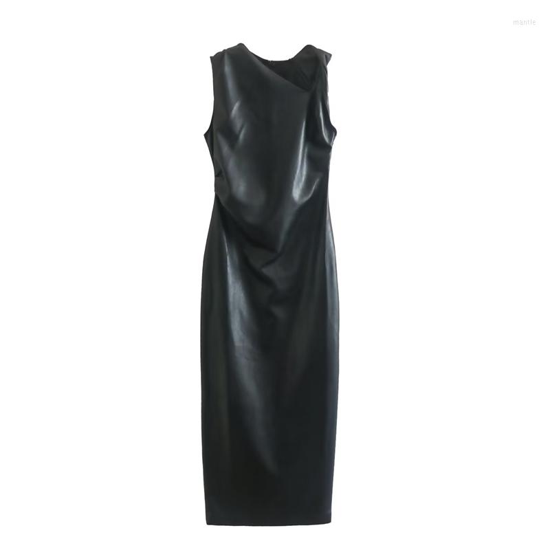 

Casual Dresses 2023 Women' Autumn And Winter Neckline Asymmetric Sleeveless Long Faux Leather Black Sexy Waist Dress