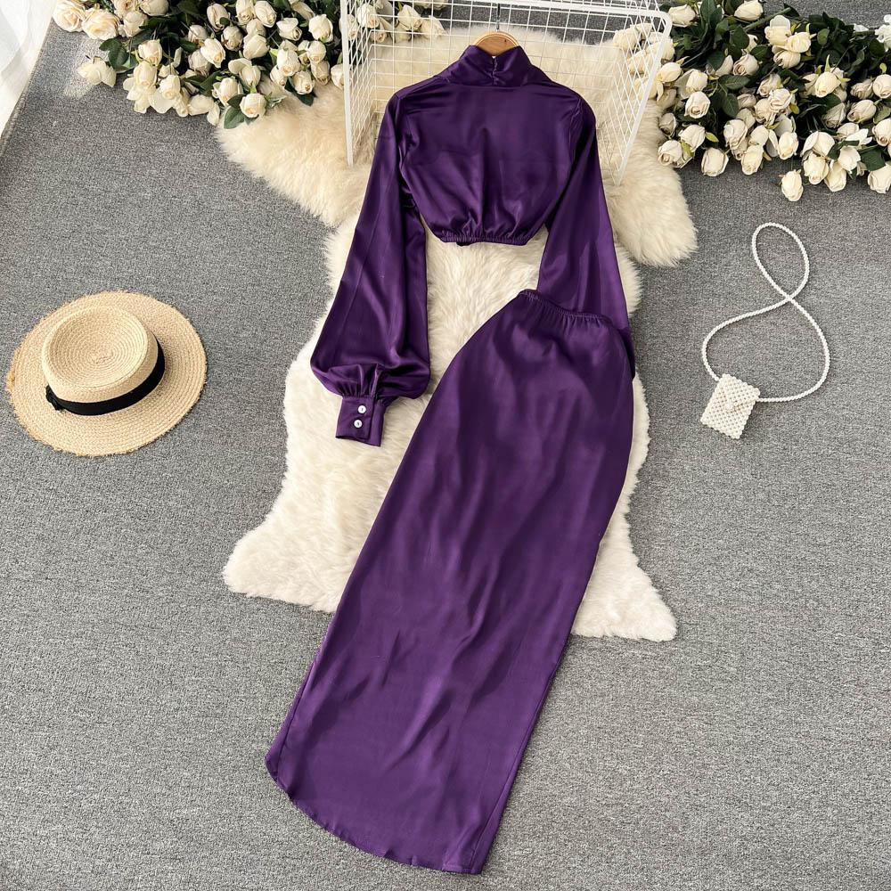 

Dress Women Suit temperament Vneck twist short longsleeved highquality satin highwaist long blouse twopiece suit female D0361, Purple