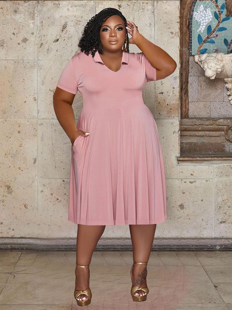 

Plus Size Dresses ZJFZML ZZ Women's Pleated Smocked Casual Solid Color Polo Neck Short Sleeve Knee Length Dress With Side Pocket, Blue