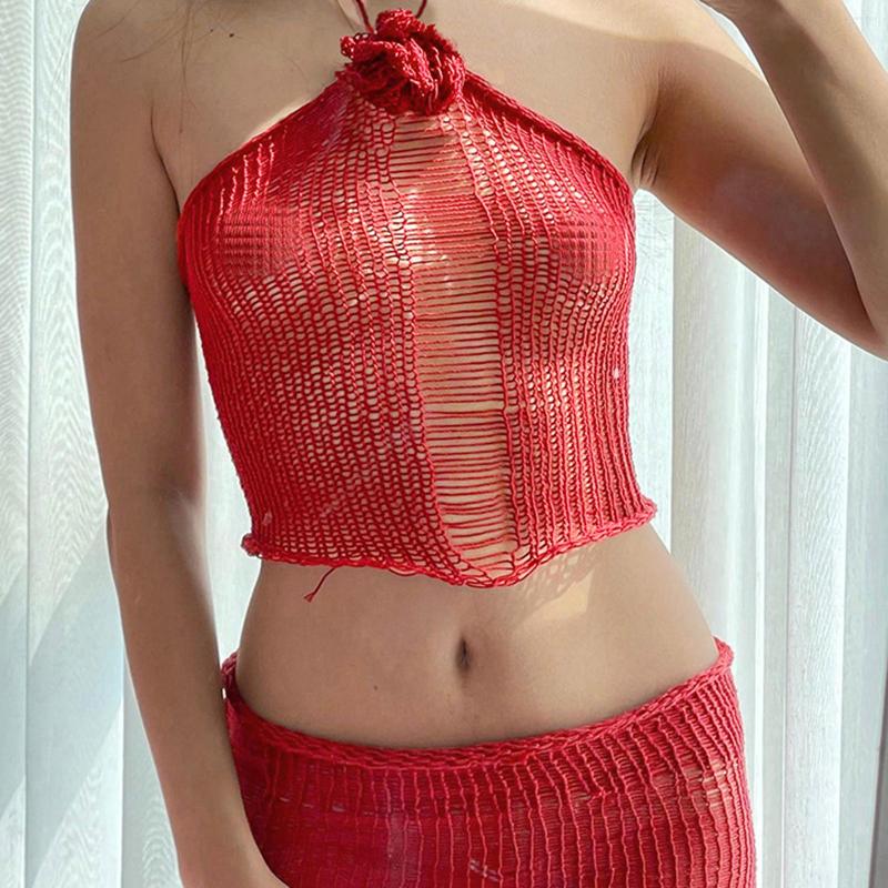 

Women's Tanks Summer Ladies Sling Vest Flower Women Slim Crop Tops Streetwear See-through Exquisite Fashion Halter Neck For Outdoor, Red