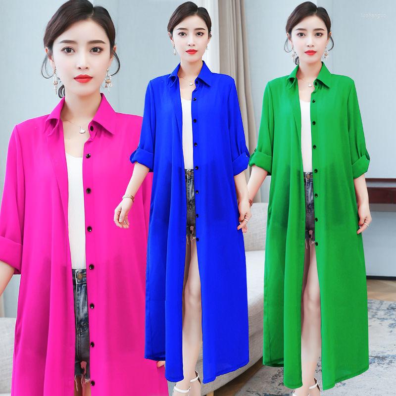 

Women's Blouses 2023 Women Spring Summer Sunscreen Shirt Female Solid Casual Thin Long Chiffon Blouse Lady Vintage Single Breasted Tops I695, Dahong