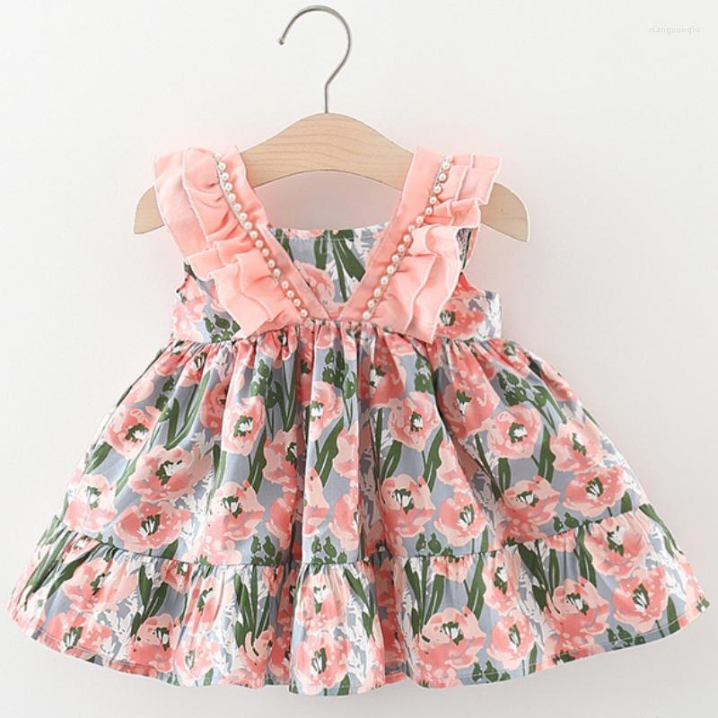 

Girl Dresses 0 To 3Years Old Baby Full Flower Dress Korean Double Obliqu Shoulder Pearl Cotton Summer Girls' Bow Sleeveless, -f-1396-pink-