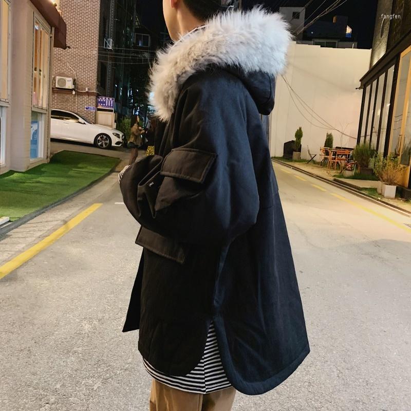 

Men's Down 2023 Large Size Winter Simple Casual Loose Trend Network Red Hooded Fur Collar Long Coat, Black