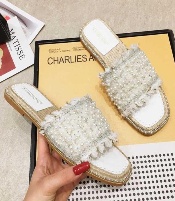 

Fairy Pearl crystal open toe flat woman slippers summer beach shoes women sandals slip on beads tassel antiskid slides 20204571534, Black