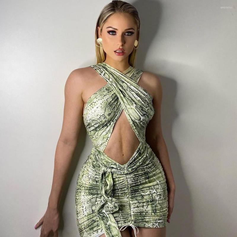 

Casual Dresses Fashion Short Skirt Women's 2023 Summer Sleeveless Hanging Neck Snake Pattern Sexy Backless Pleated Dress, Red