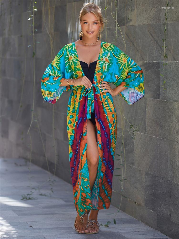 

Women's Swimwear 2023 Bohemian Swimsuit Cover Up Retro Stripe Self Belted Women Summer Clothes Long Kimono Dress Beachwear Bikini Cover-ups