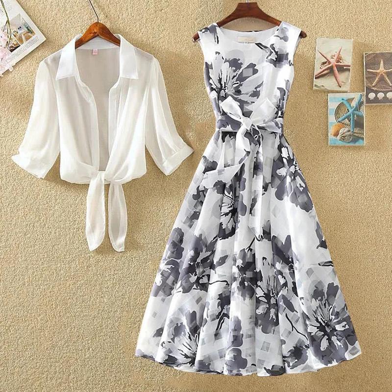 

Dress Dress Suit Women's Fashion 2022 Summer New Korean Bandage Retro Sleeveless Printed Chiffon Dresses Chiffon Blouse TwoPiece Sets, Only black dress