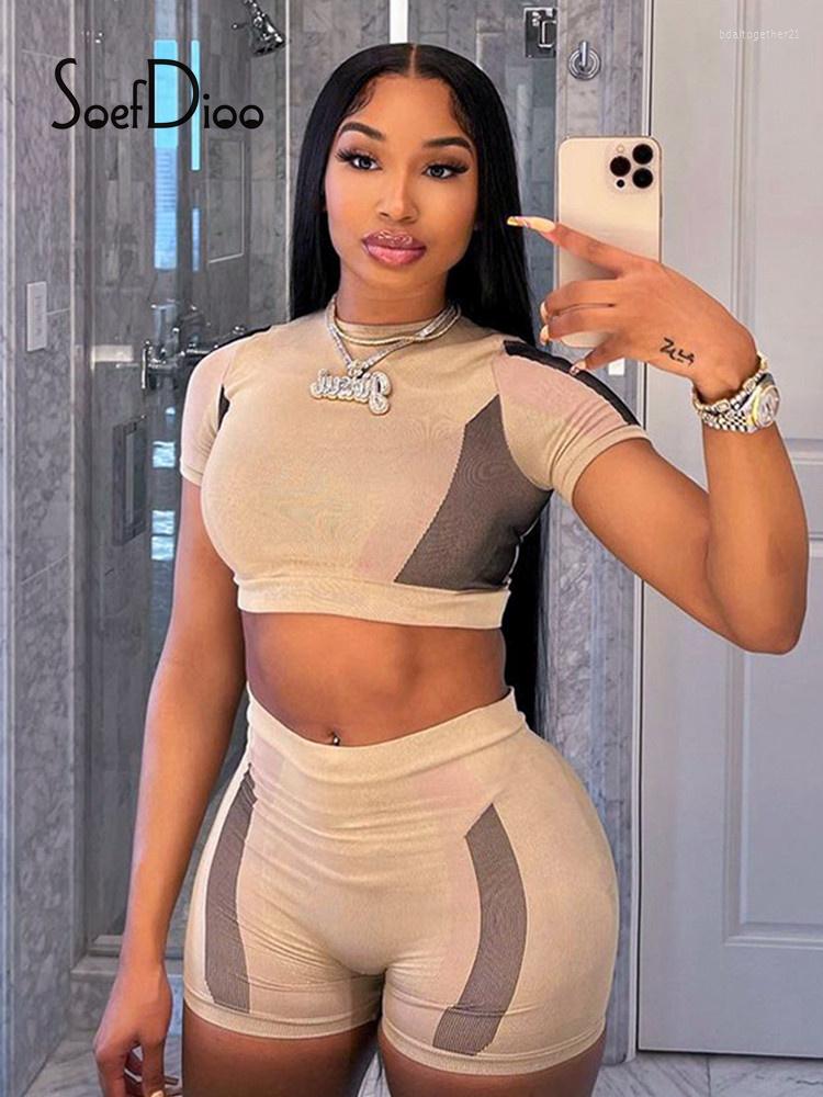 

Women' Tracksuits Soefdioo Contrast Color Short Sleeve Crop Tops And Tight Shorts Two Piece Set Women Outfits Autumn 2023 Fashion, Khaki