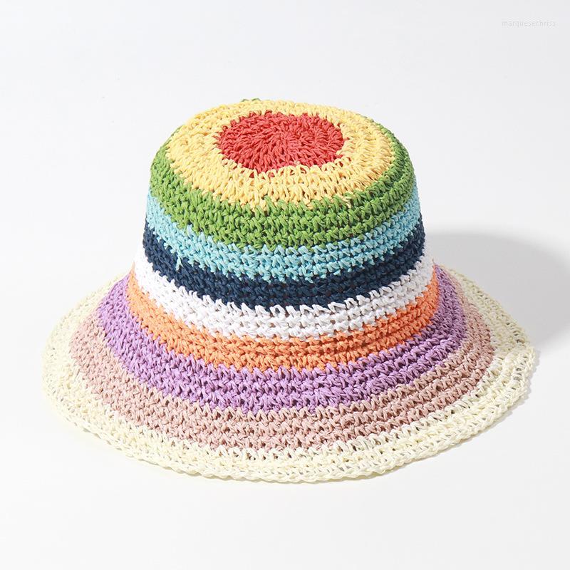 

Wide Brim Hats 2023 Rainbow Striped Crochet Bucket Hat Breathable Straw Beach Handmade Sun Women