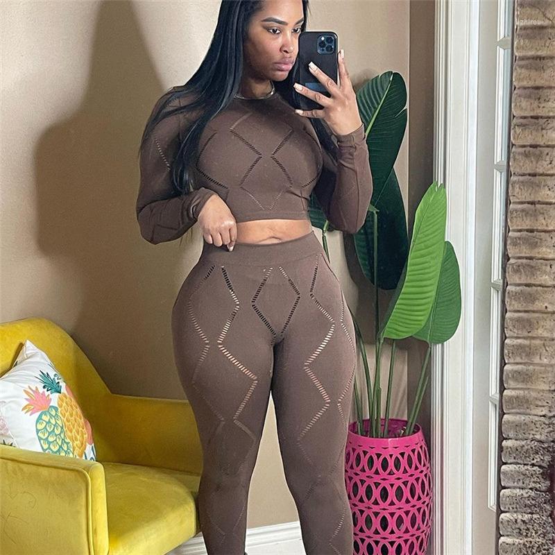 

Women's Two Piece Pants Streetwear Women Outfit Fall Winter Clothes Crop Hollow Out Tops Tracksuits Sweatsuit Sets 2023 Sweat 2 Pant Set, Brown