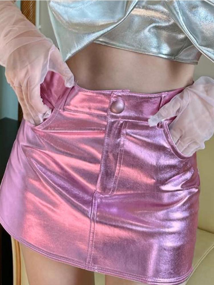 

Skirts Shestyle Zipper Pockets A-Line Skirt Women Pink Preppy Style Y2K High Waist Mini Girl Silver Party Bottom 2023