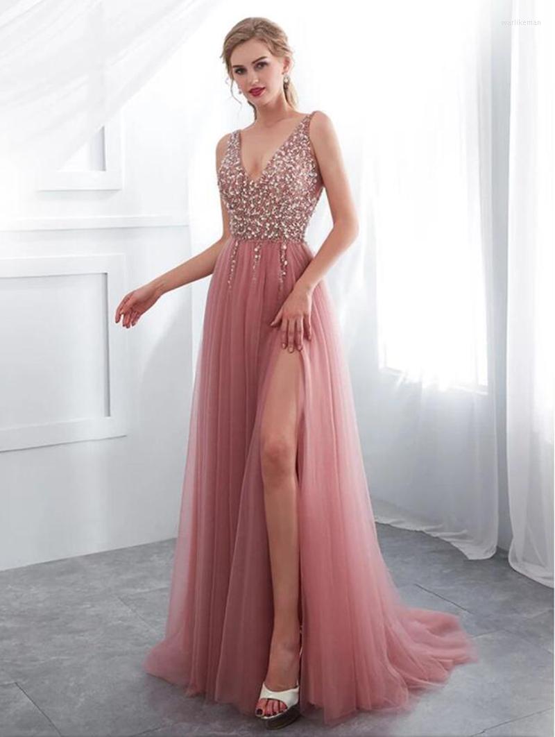 

Party Dresses Sexy Off Shoulder Pink V Neck Formal Evening Gown With Side Slits Beaded Floor Length Elegant Ball, Yellow