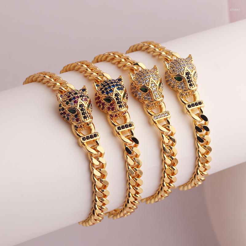 

Charm Bracelets Fashion Upscale Jewelry Punk Green/Rainbow Zircon Leopard Head Shape Cuban Chain For Women