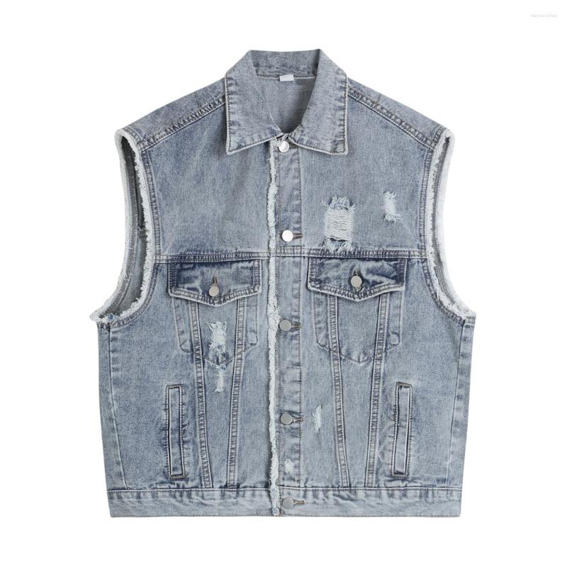

Women' Vests Women Light Blue Denim Vest Turn Down Collar Loose Fashion Sleeveless Jacket One Breasted Frayed All-Match Jean Coat