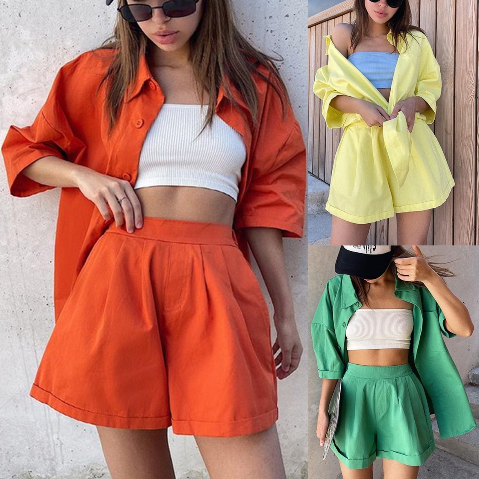 

Women's Two Piece Pants Casual Summer Tracksuit Female Two Piece Set Solid Color Turn-Down Collar Short Sleeve Shirt Tops And Loose Mini Shorts Suit 230419