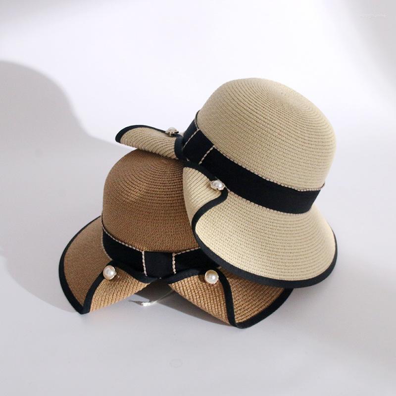 

Wide Brim Hats High Quality Boater For Women Summer Sun Hat Girl Outdoor Fashion Pearl Bow Straw Cap Travel Anti-UV Beach, Khaki