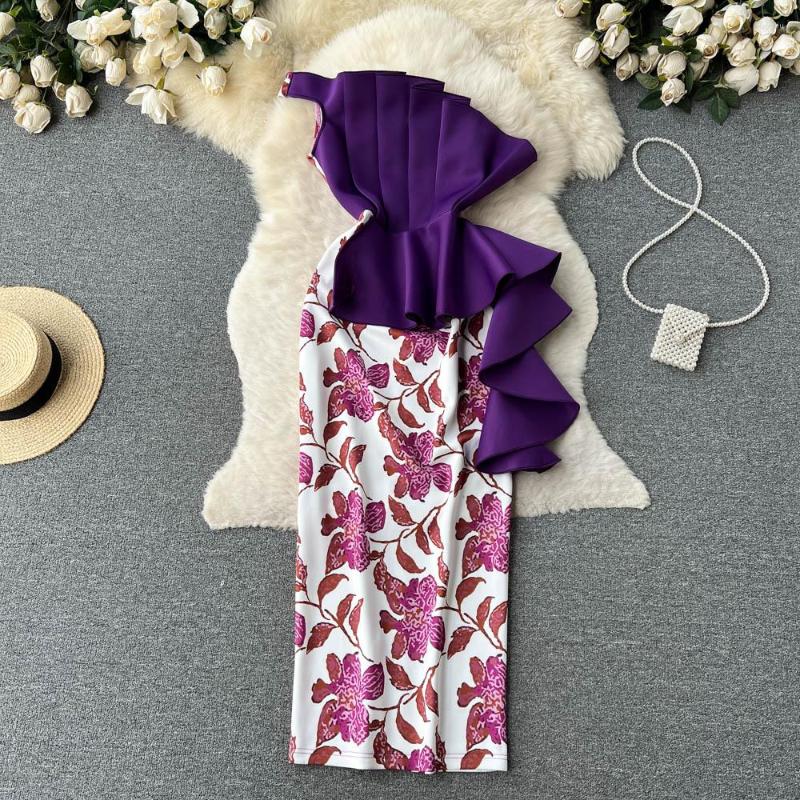 

Casual Dresses Light Luxury Irregular Bust Design Sense Ruffle Printed Splicing Package Hip Celebrity Dress, Purple