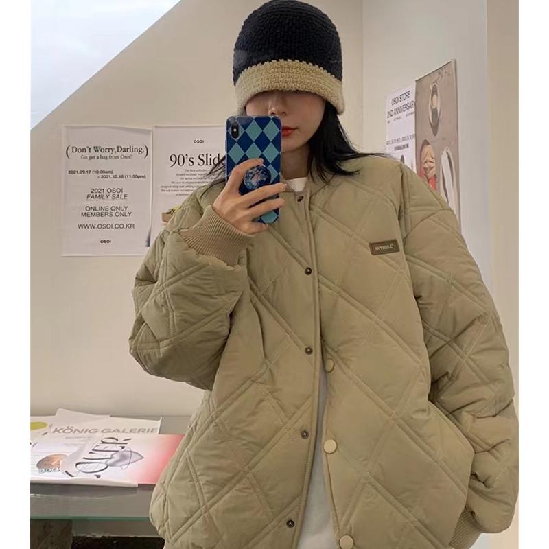 

Leather Women Khaki Lingge Short Feather Jackets Coat Winter Fashion Crew Neck Singlebreasted Warm Female Puffer Cotton Padded Outwear, Black