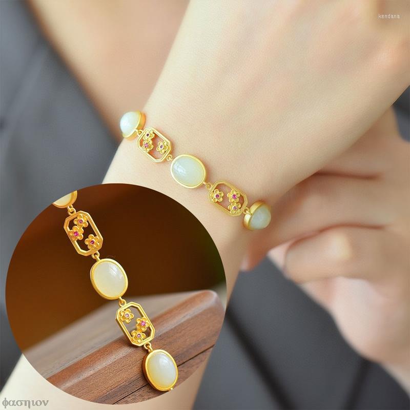 

Charm Bracelets Chinese Style Ladies Bracelet Inlay Imitation Natural Hetian Jade Vintage Hollow Jewelry Wedding Engagement Ornaments For