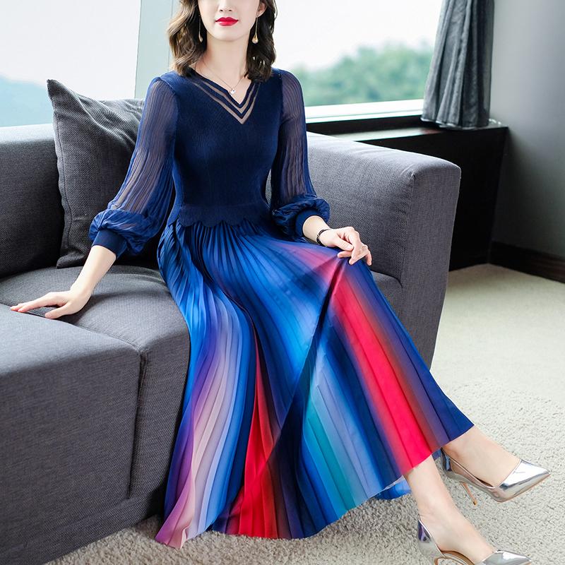 

Casual Dresses Miyak Pleated Spring Summer Fashion Hollow Elegant V-neck Lantern Sleeve Women Splicing Waist Slimming Dress, Black