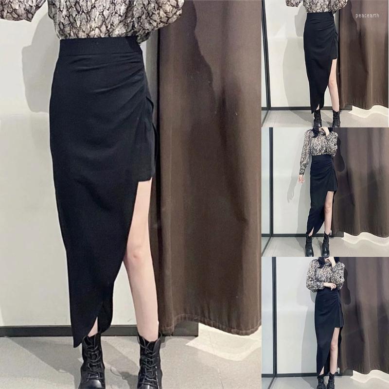 

Skirts Women Sexy High Waist Asymmetrical Black Midi Long Skirt Double Layer Side Split Pleated Ruched Bodycon Party Streetwear 10CD, Xs
