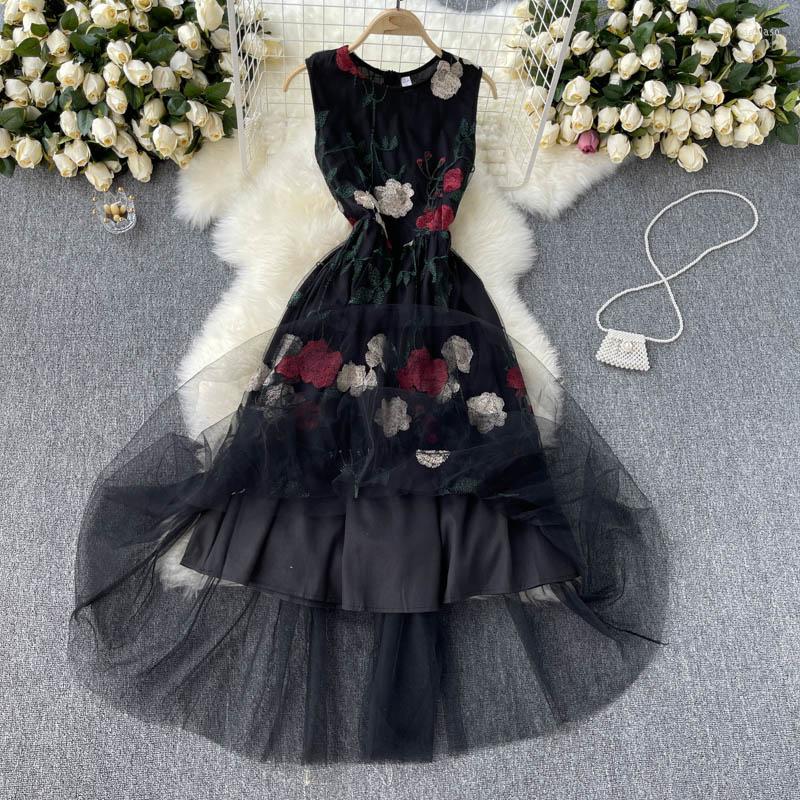 

Casual Dresses Mesh Embroidery Floral Evening Party Women Summer Sleeveless Vintage Vestidos Mujer Robe Longue Dress, Black