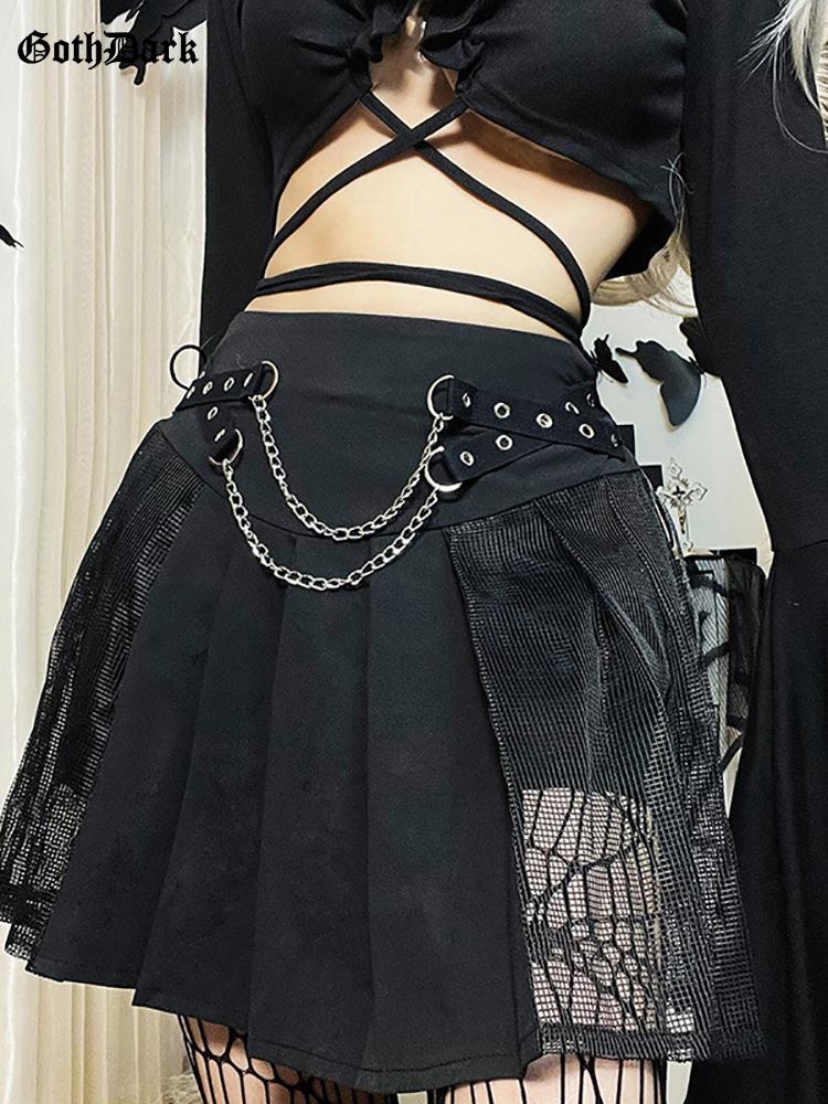 

Dresses Goth Dark Chain Grunge Punk Women Pleated Skirts Mall Gothic High Waist Transprent Mini Skirt Black Patchwork Fashion Streetwear