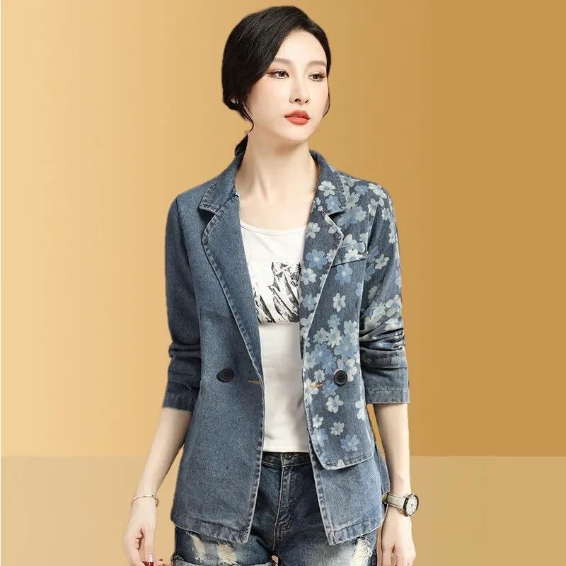 

Pants Lady Print Suit Collar Denim Jacket Vintage HighEnd Small Fragrance Women's 2022 New Female Blazer Short Top Suit Thin Fashion, Blue