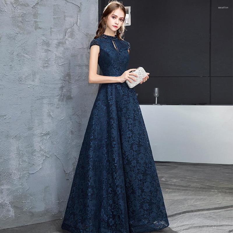 

Party Dresses Stand Collar Lace Evening Dress Backless Prom A-Line Temperament Embroidered Celebrity Banquet Wedding, Wine red