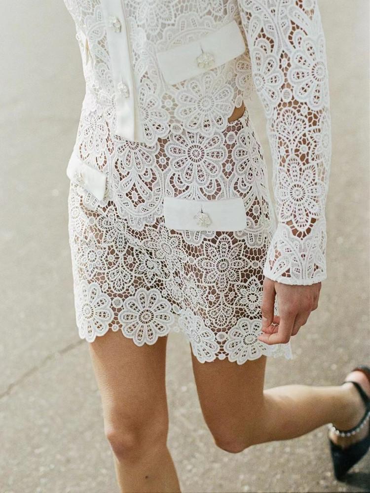 

Dress 2022 New Women Lace Flowers Embroidery Short Jacket Or Mini Skirt Set Ladies SingleBreasted Cardigan Jupes Suits
