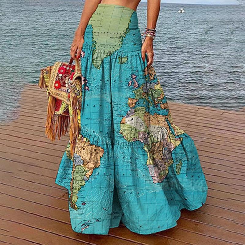 

Capris 2021 Summer High Waist Skirt World Map Print Long Skirt for Women