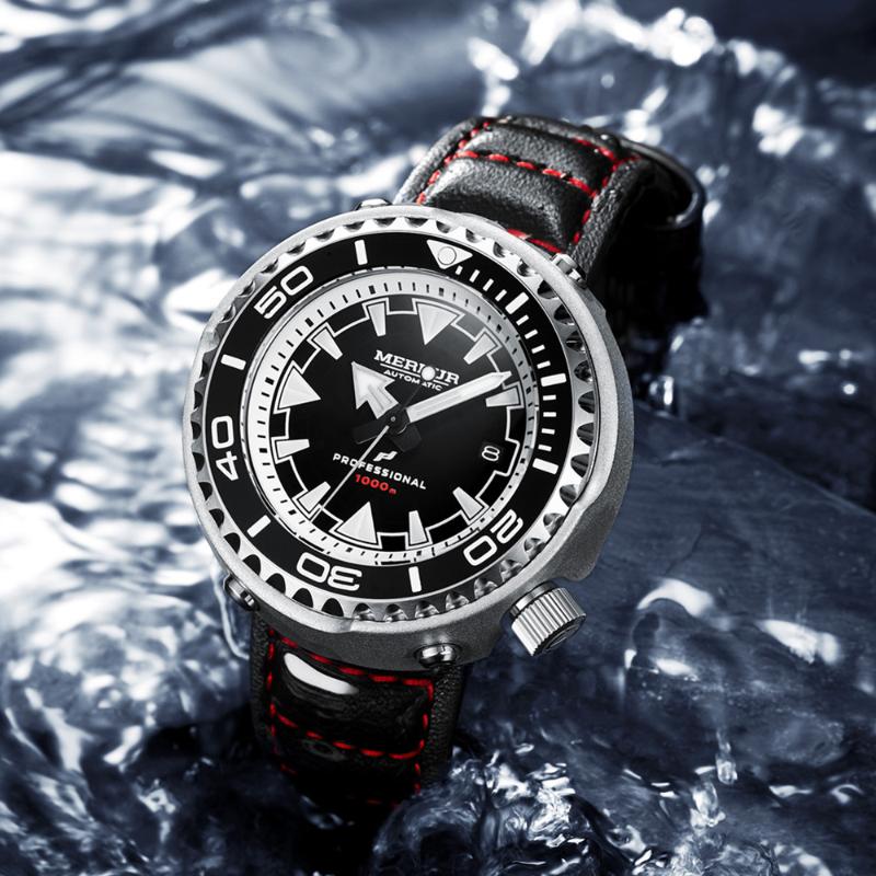

Wristwatches Fashion Diving Watch 1000 Meters Sapphire Ceramic Bezel Leather Strap Automatic Kilometers Tuna Men Large Mechanical Wristwatch, Blue dail